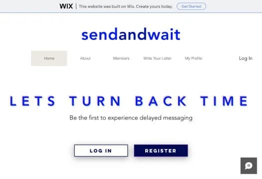 The 2018 sendandwait homepage on Wix: the words Lets turn back time, with log in and register buttons.